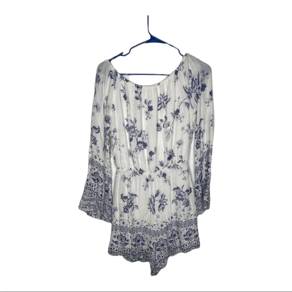Jetset Diaries Blue White Floral Off Shoulder Boho Romper XS